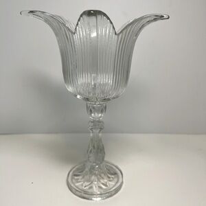 Candle holder Clear Glass Tulip design. Made in Portugal sticker. 7.75” High.